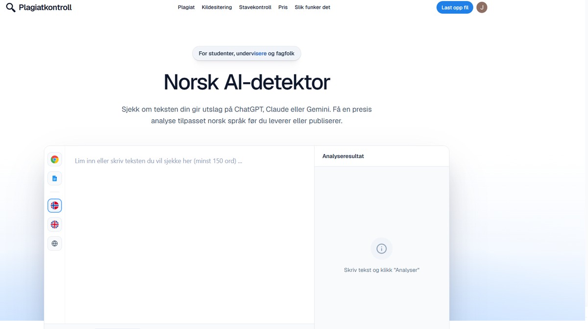 Skjermbilde av et analyseverktøy for norsk tekst, med innliming av tekst til venstre og analyseresultat til høyre
